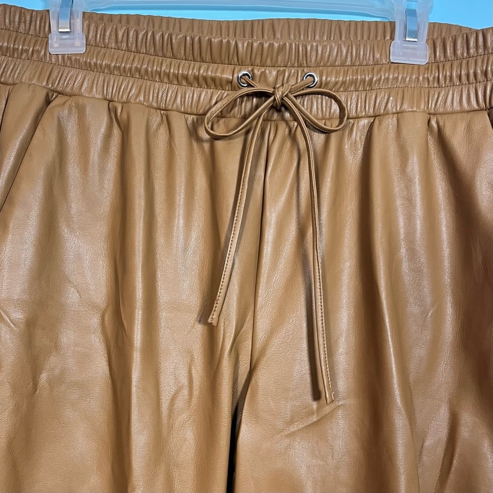 NWOT LOFT Faux‎ Leather Women Dark Tan Baggy Pants With Elastic Waistband Size L - Picture 3 of 9